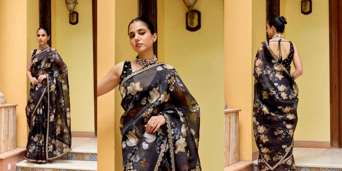 Printed Organza Saree online with elegant scalloped border from Mehr By Annu