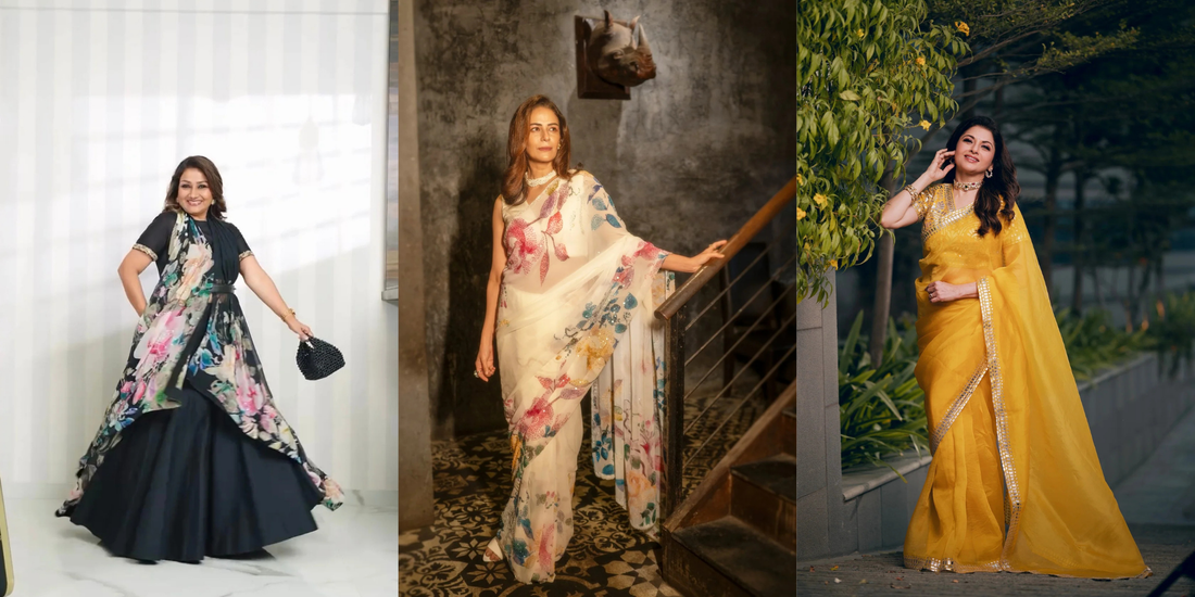 Shop celebrity-worn sarees online from Mehr by Annu. Explore best sarees worn by Dolly Jain, Mona Singh, Bhagyashree and more.  