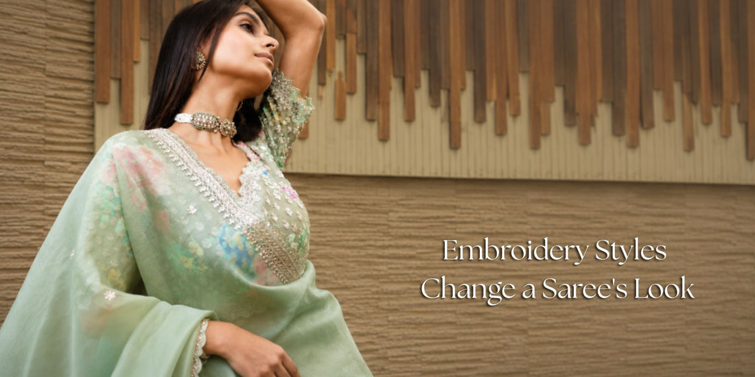 Elegant woman in a green embroidered saree