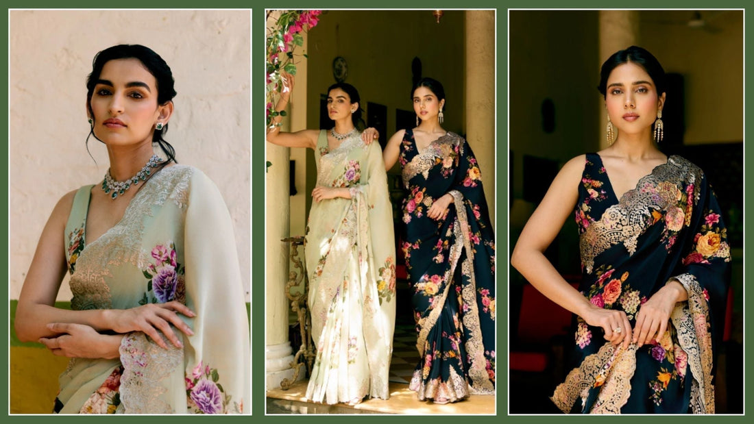 Women modeling floral print sarees for standout looks.