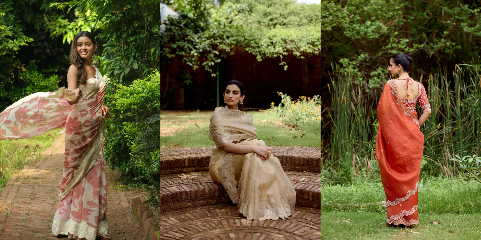 Woman wearing handcrafted heavy embroidery sarees in a lush green garden during the monsoon season
