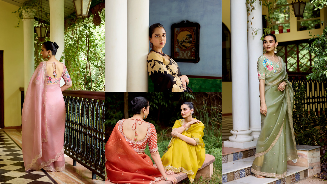 Collage of handcrafted organza sarees in blush pink, black, yellow, and sage green, featuring floral embroidery and sequins saree