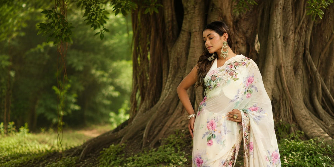 Ivory Georgette Digital Print and Threadwork Saree with floral design