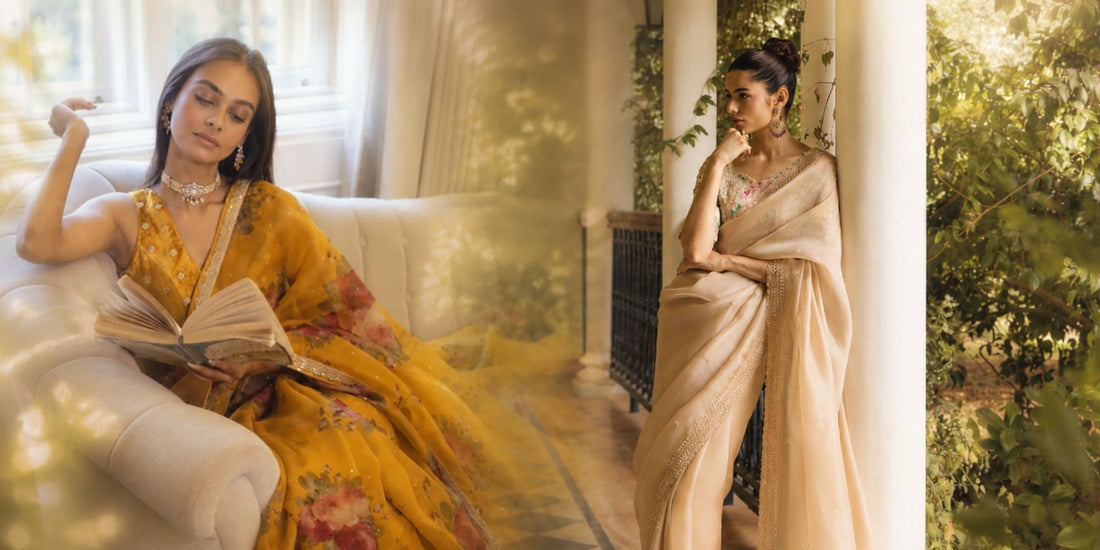 Luxury embellished organza saree showing its natural drape