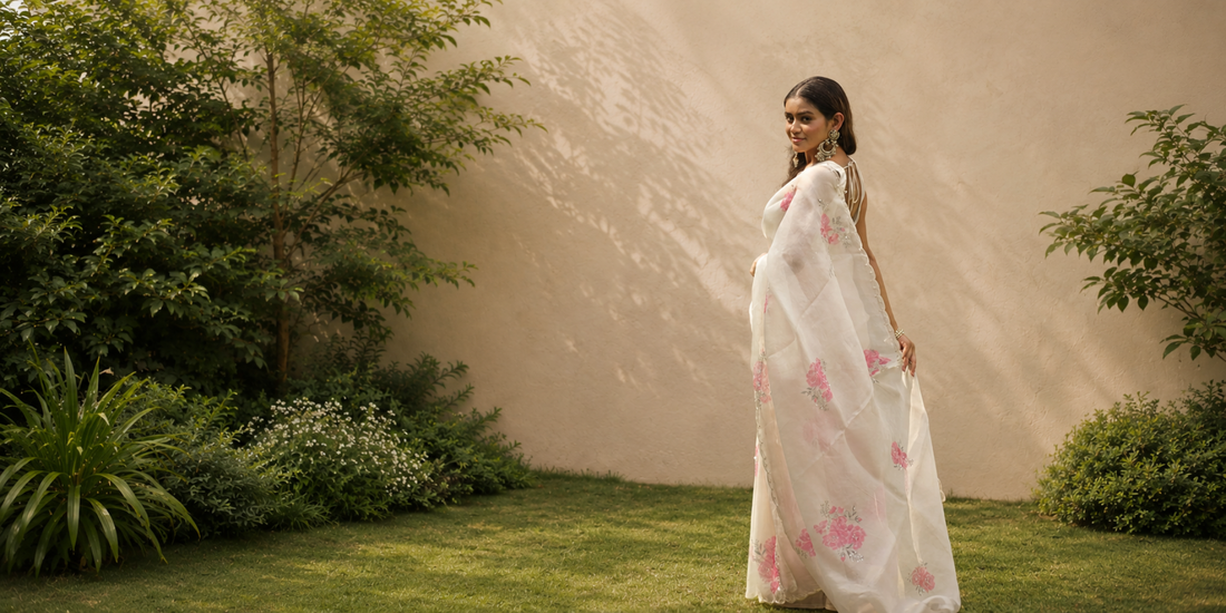 Ivory Organza Hand Painted Saree for festive and occasion wear
