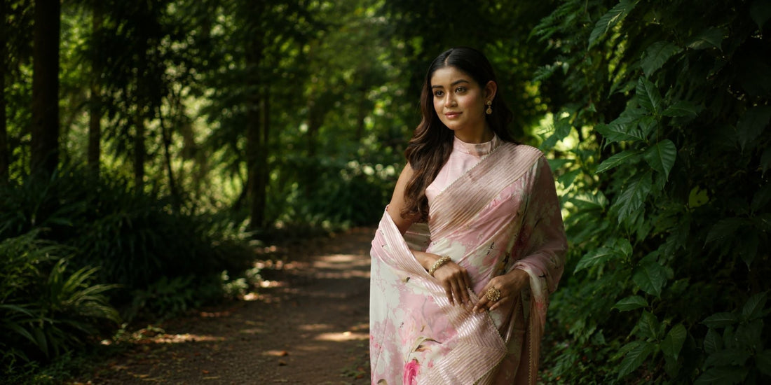 Luxury rose pink georgette digital printed saree featuring modern motifs on soft, fluid fabric perfect for weddings and celebrations