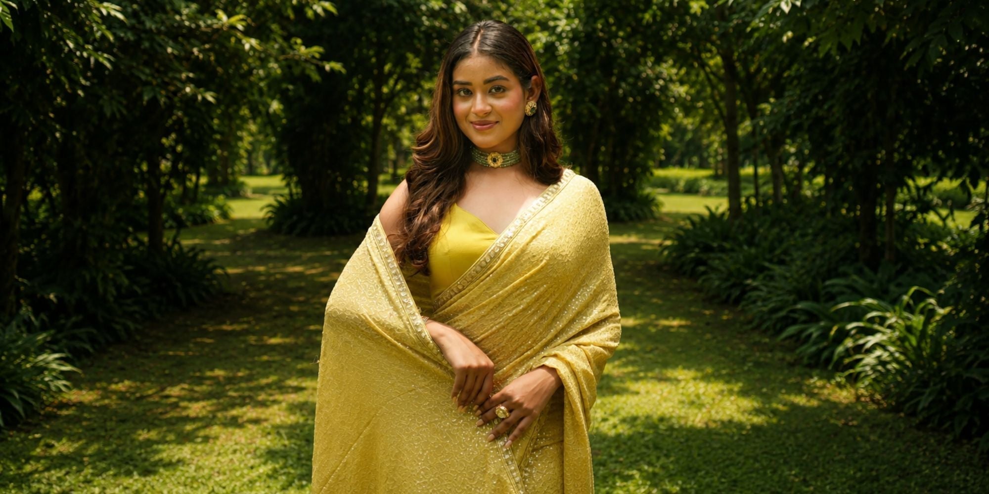 Woman wearing Daffodil Yellow Georgette Sequins Saree for festive occasions