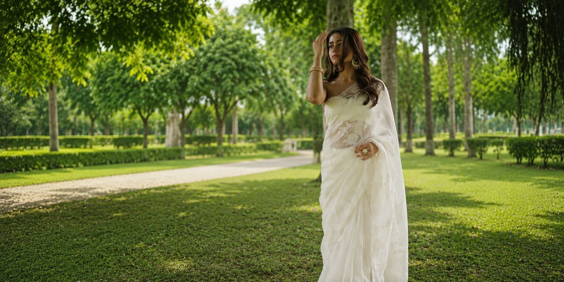 Ivory Organza Applique Saree with sheer drape and applique work
