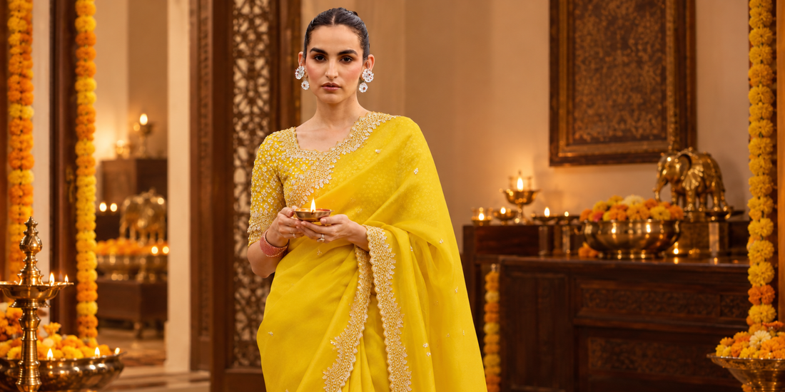 Yellow Organza Dhanteras Puja Sarees
