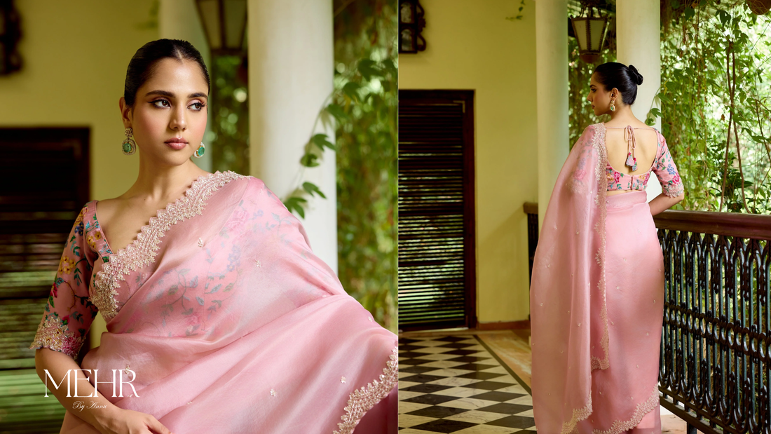 Pink saree with embroidery border and floral blouse