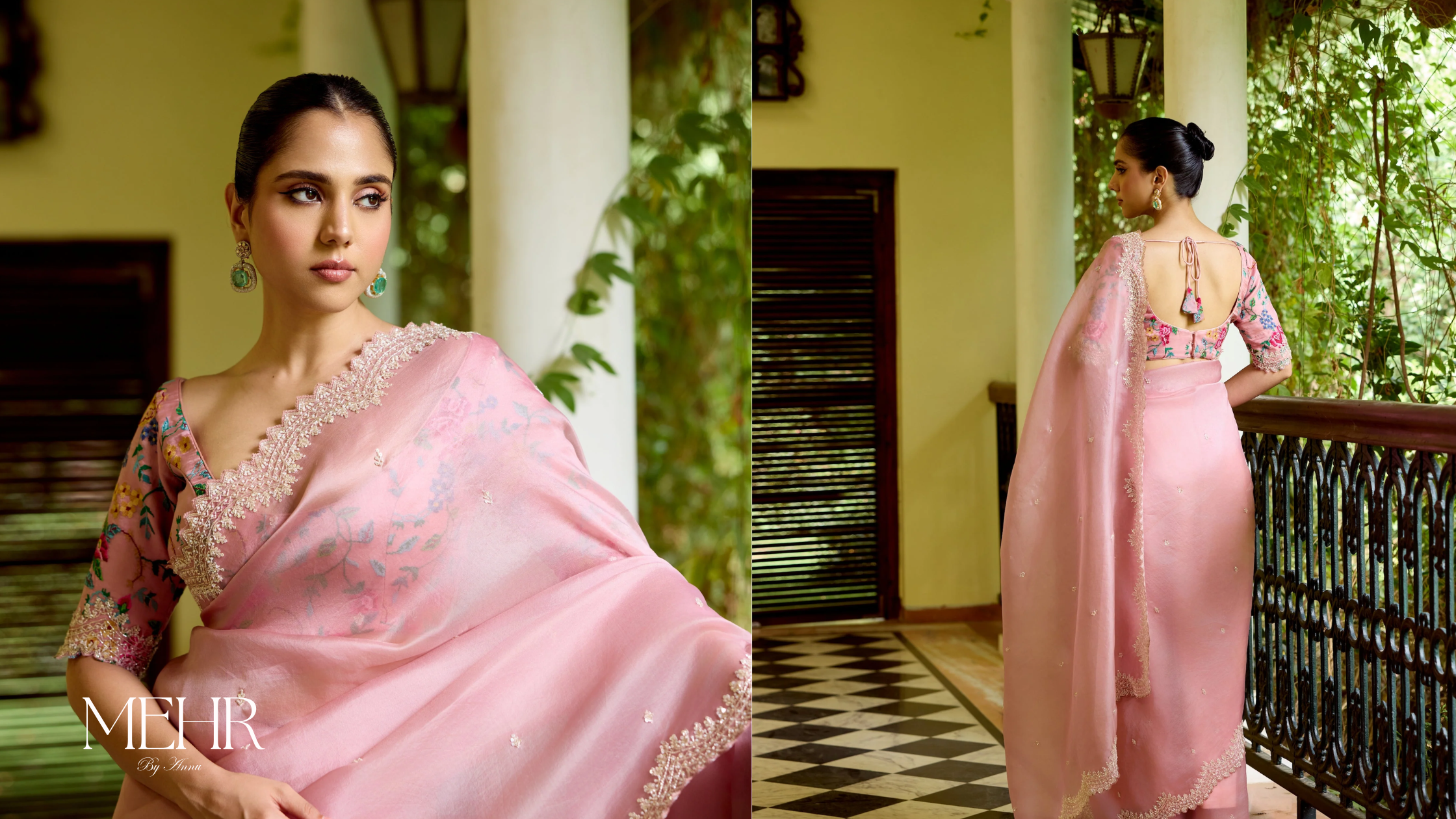Pink saree with embroidery border and floral blouse