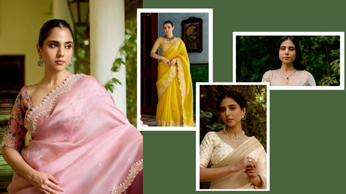 Women wearing organza embroidered sarees for festive occasions