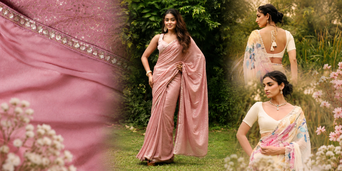 Pastel saree fashion collection featuring a woman in a dusty rose sequined saree and women wearing floral embellished sarees in a garden setting.  