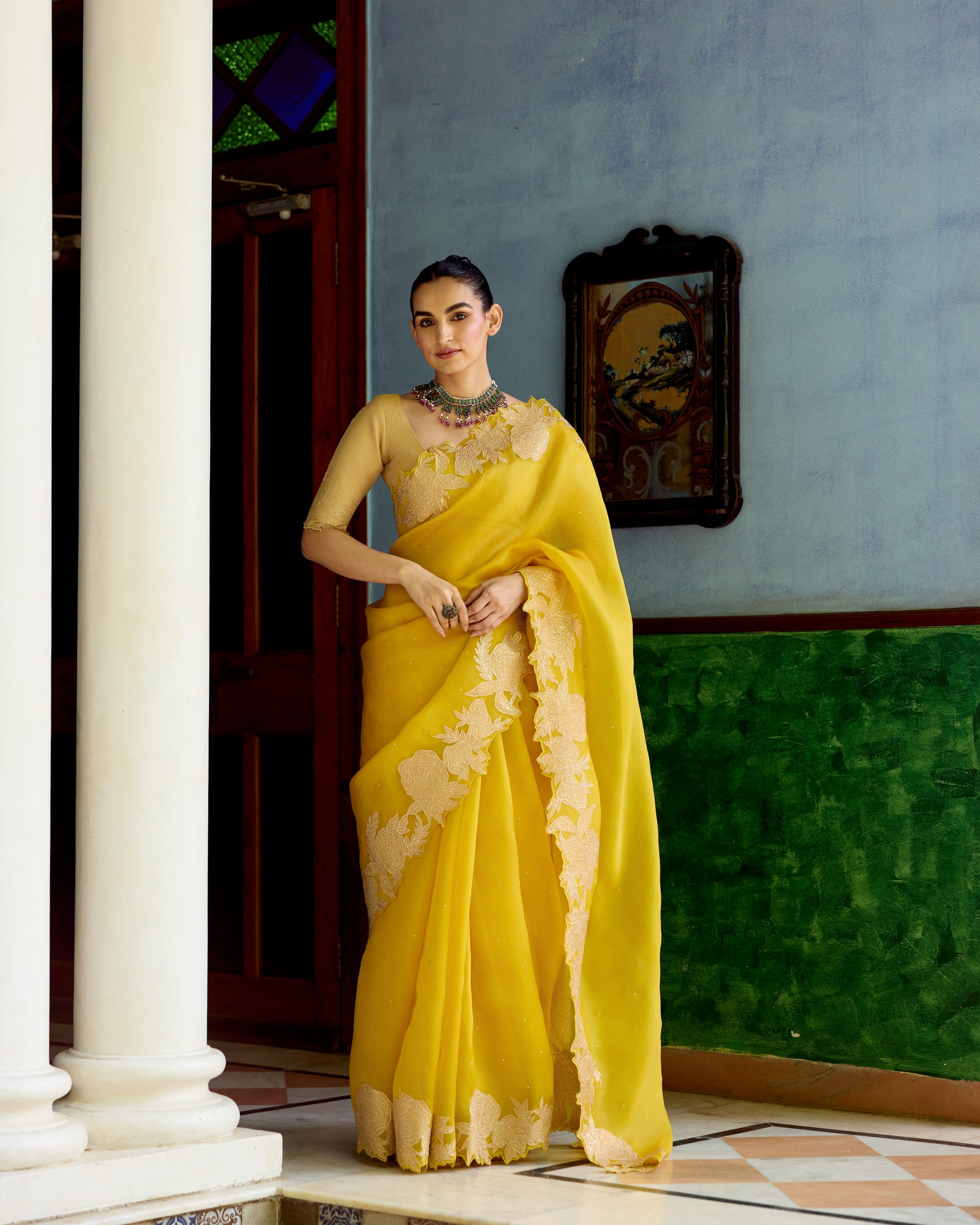 Yellow Organza Saree with Silk Tissue