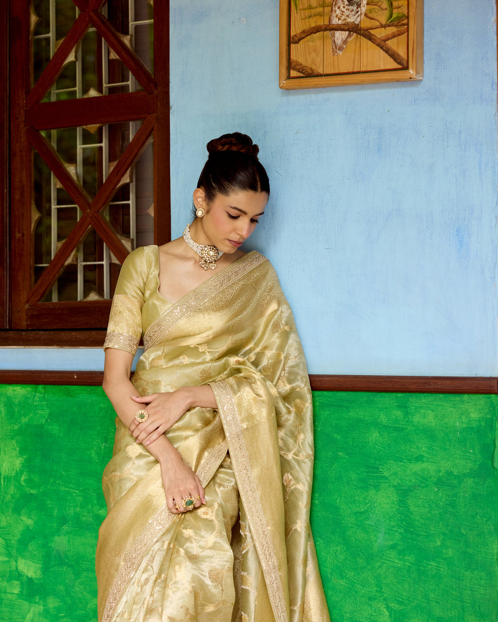 Olive Green Benarsi Tissue Saree with Sequin and Zari