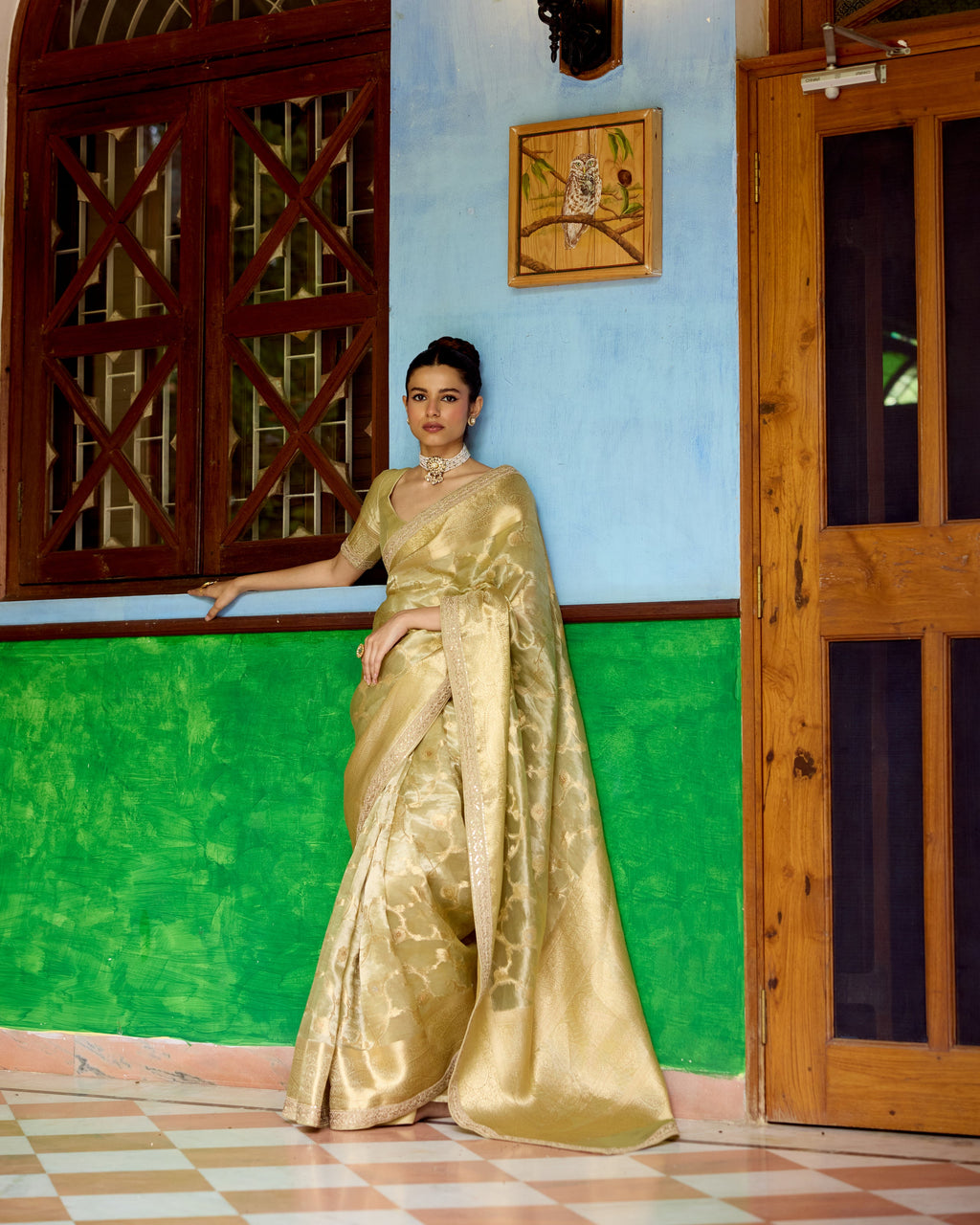 Olive Green Benarsi Tissue Saree with Sequin and Zari