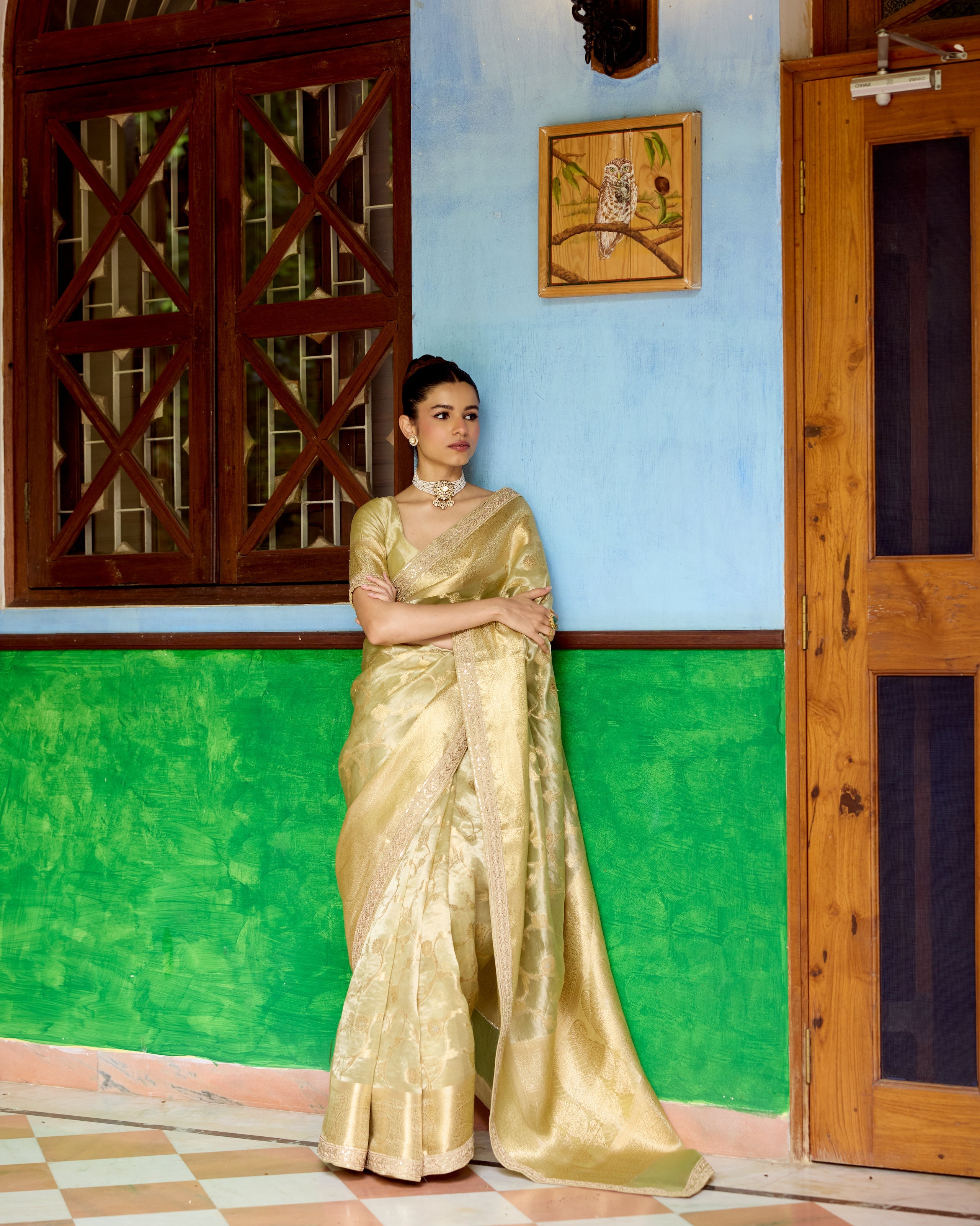 Olive Green Benarsi Tissue Saree with Sequin and Zari