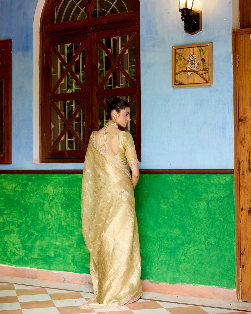 Olive Green Benarsi Tissue Saree with Sequin and Zari