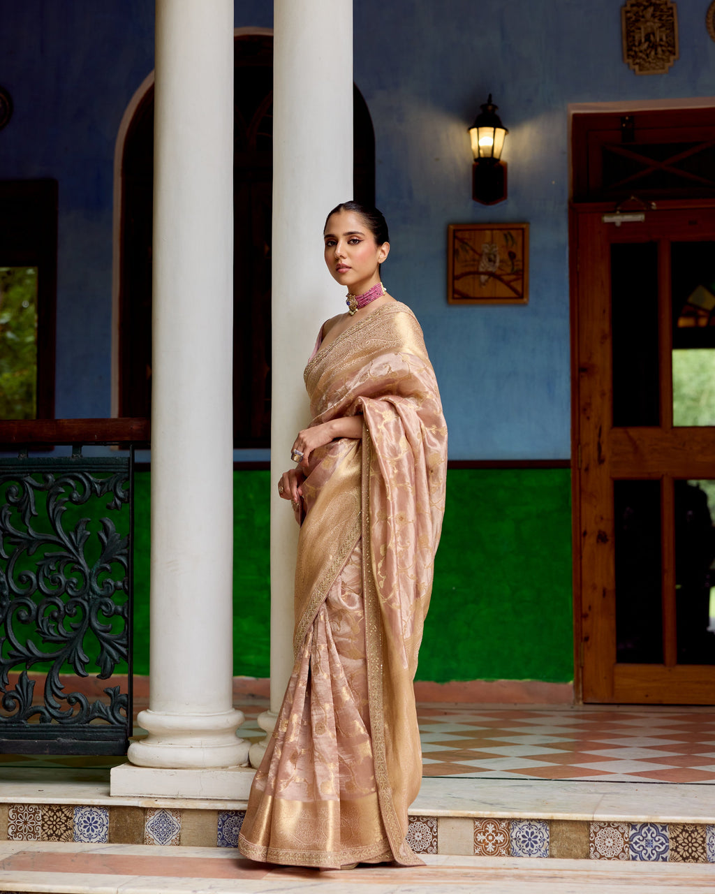 Rose Pink Benarsi Tissue Saree with Sequin and Zari