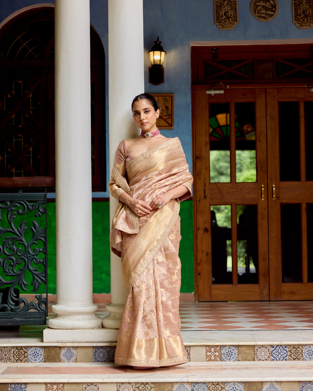 Rose Pink Benarsi Tissue Saree with Sequin and Zari