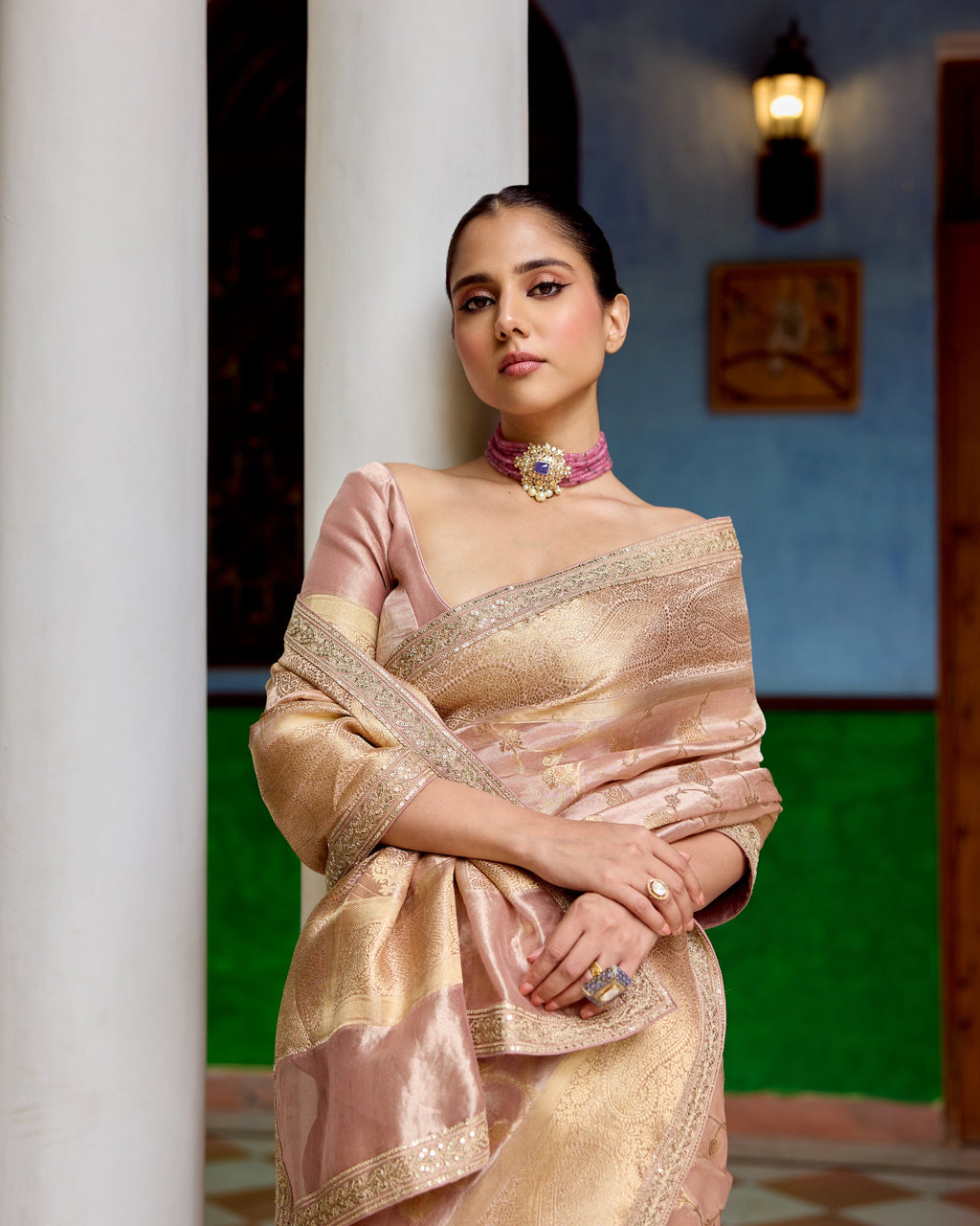 Rose Pink Benarsi Tissue Saree with Sequin and Zari