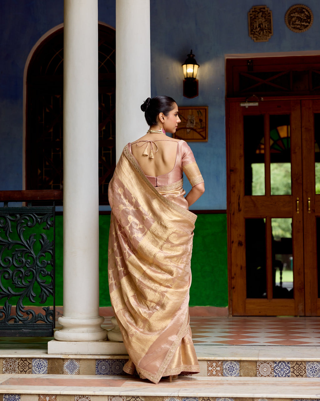 Rose Pink Benarsi Tissue Saree with Sequin and Zari