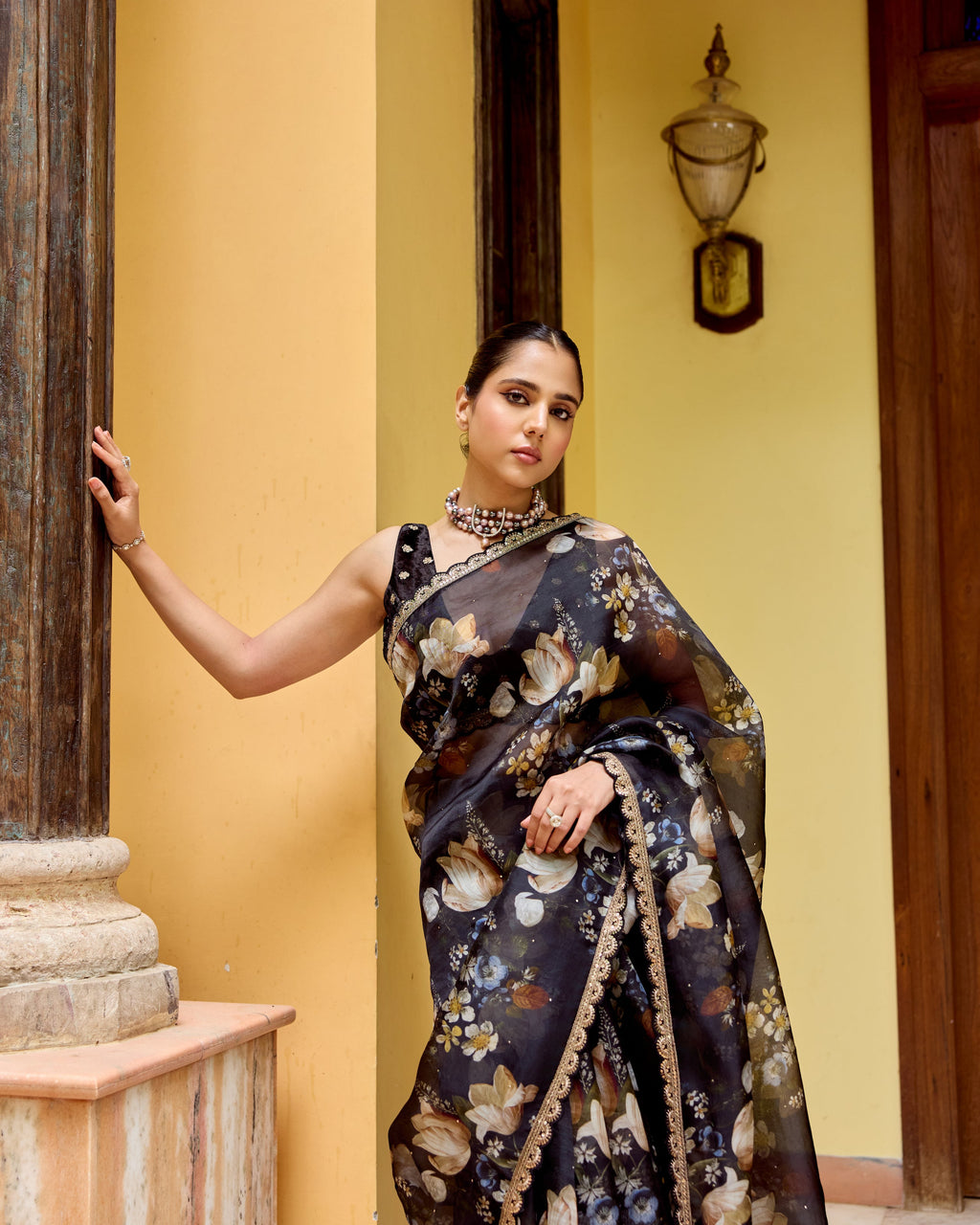 Black and Gold Printed Organza Saree with Scallops
