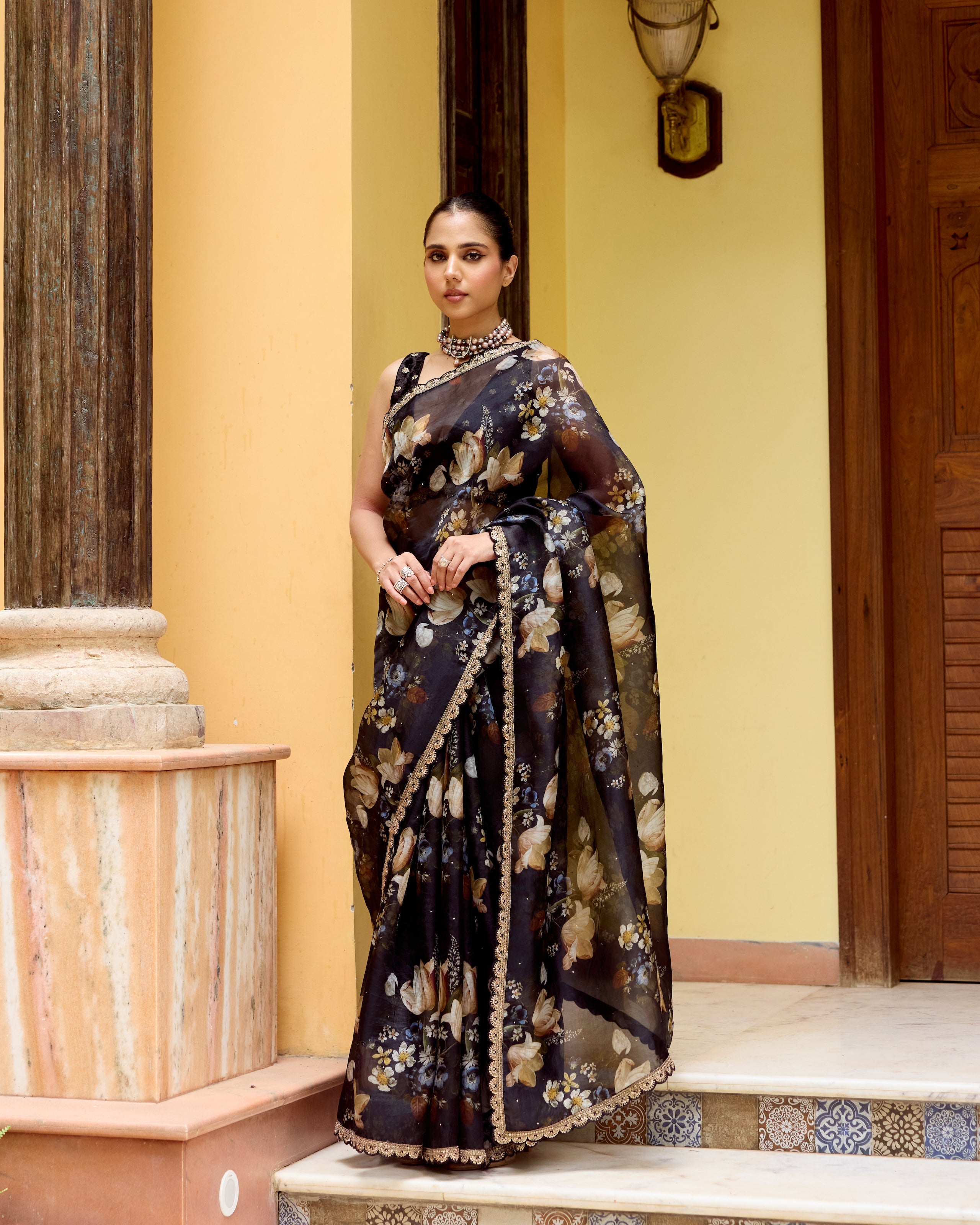 Black and Gold Printed Organza Saree with Scallops