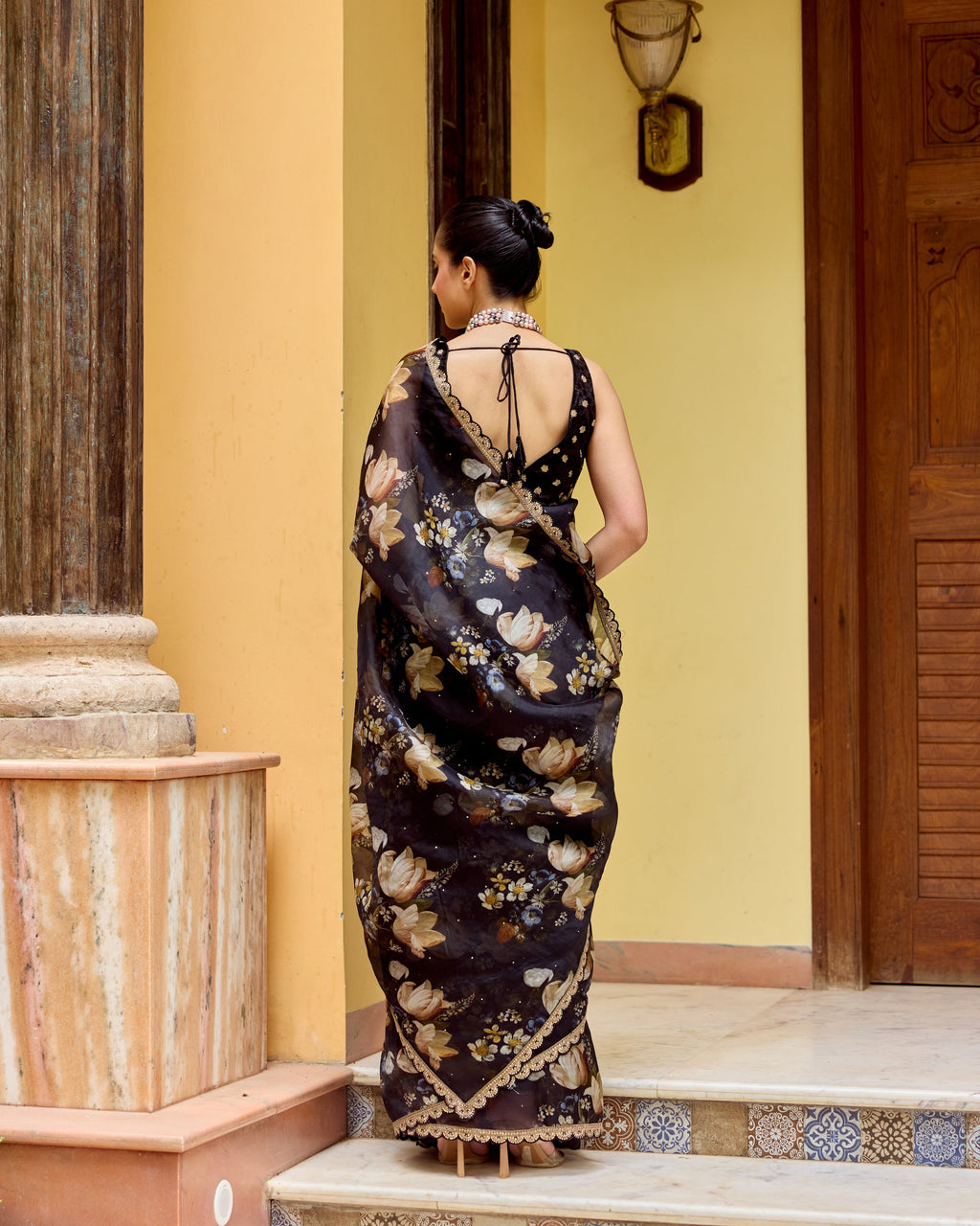 Black and Gold Printed Organza Saree with Scallops