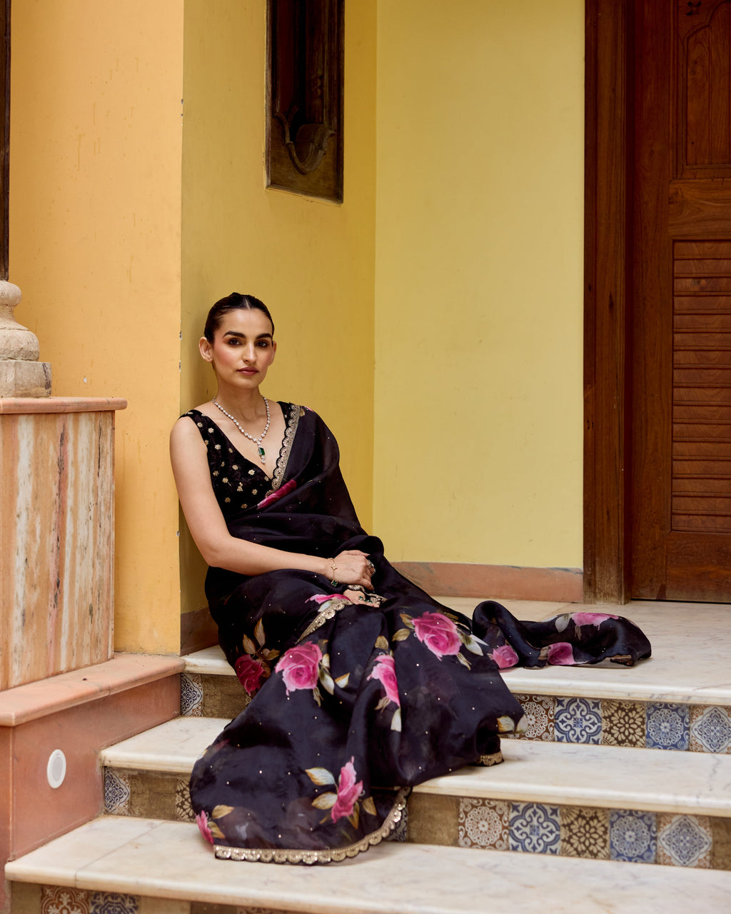 Black and Pink Printed Organza Saree with Scallops