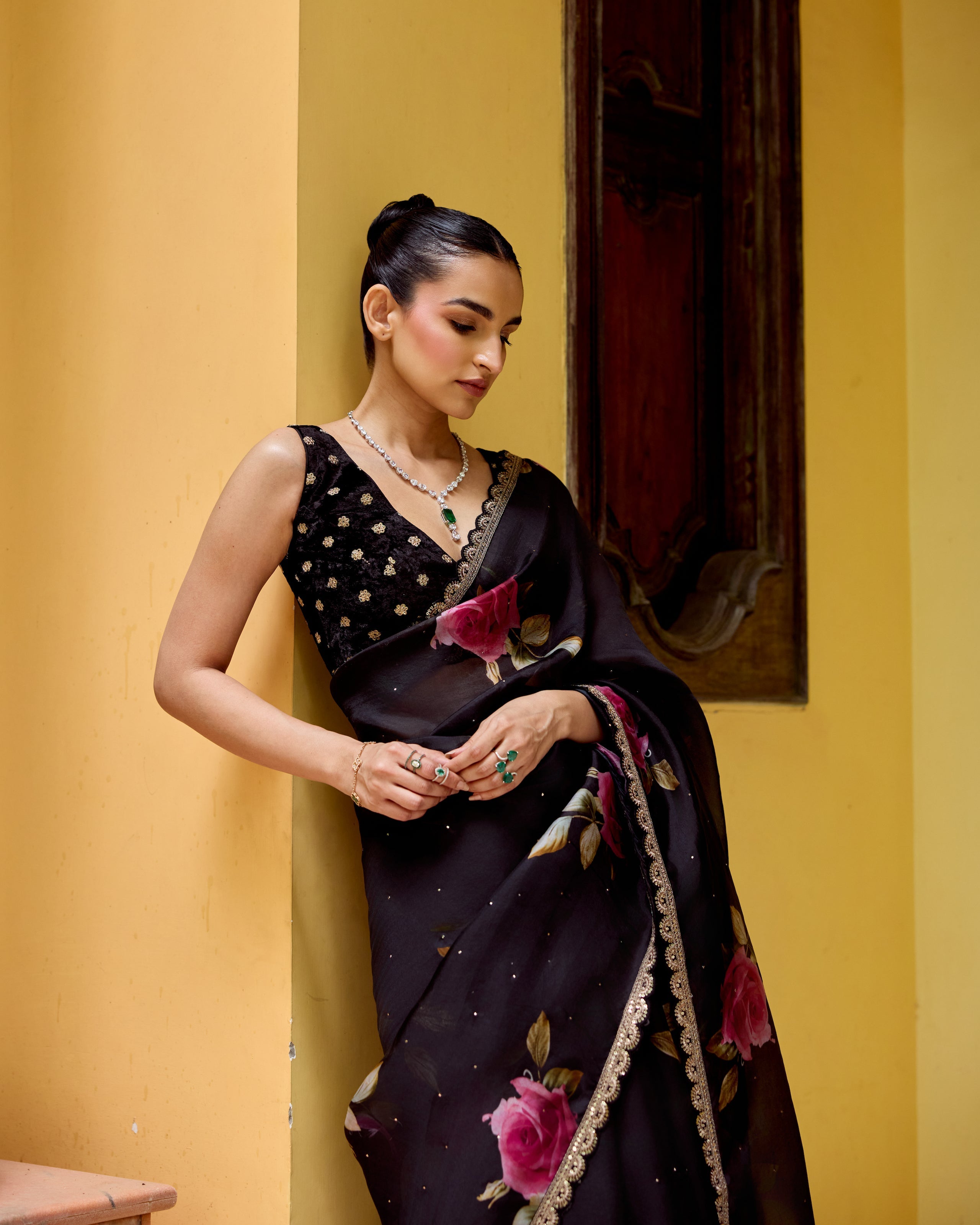 Black and Pink Printed Organza Saree with Scallops