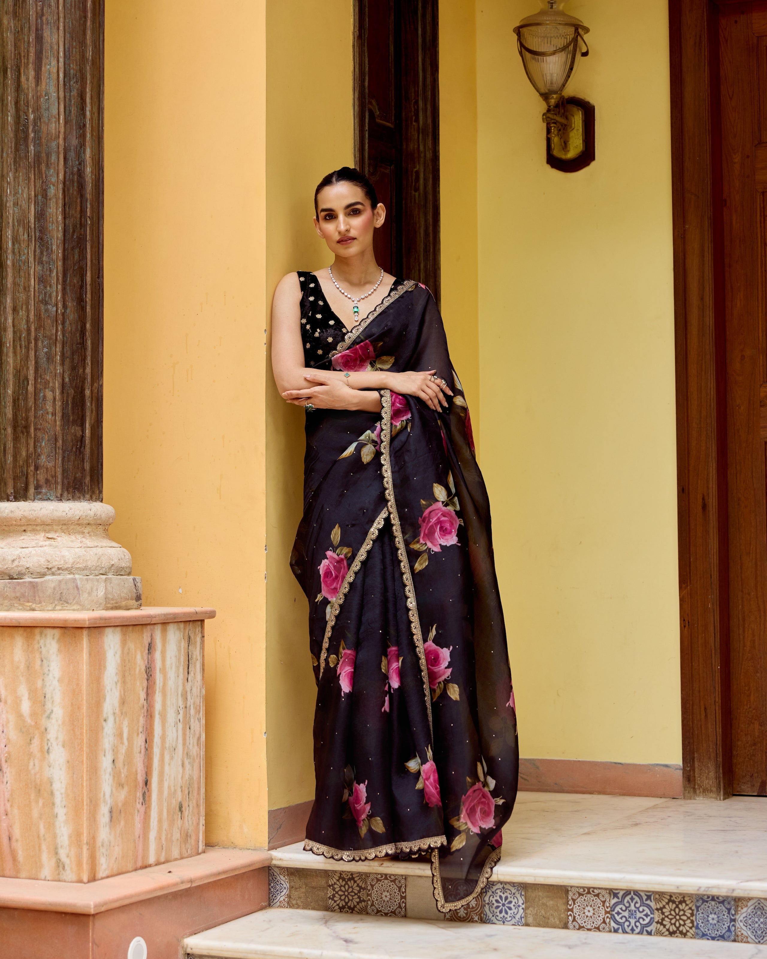 Black and Pink Printed Organza Saree with Scallops