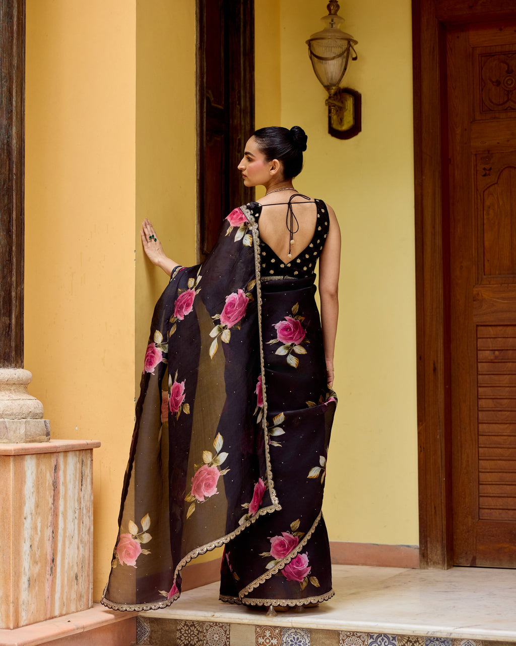 Black and Pink Printed Organza Saree with Scallops