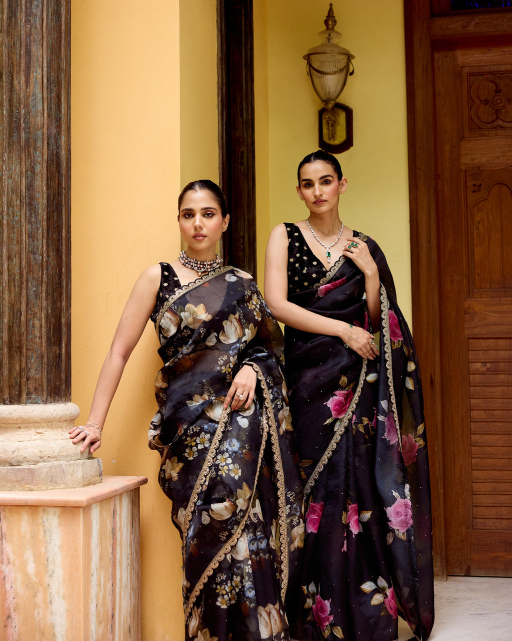 Black and Pink Printed Organza Saree with Scallops
