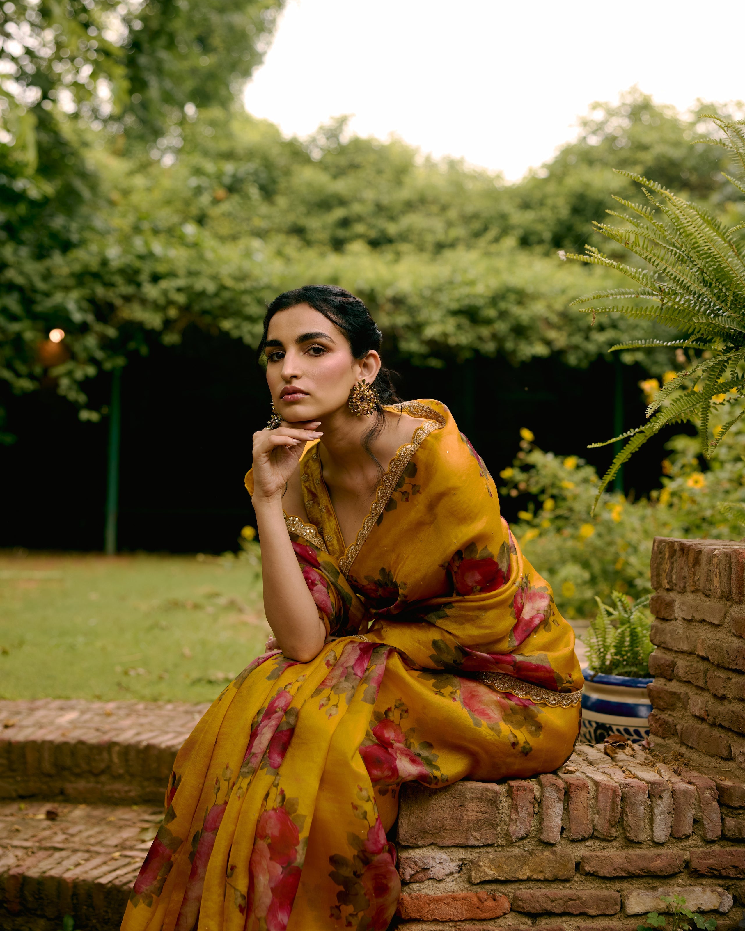 Mustard Printed Organza Saree with Scallops