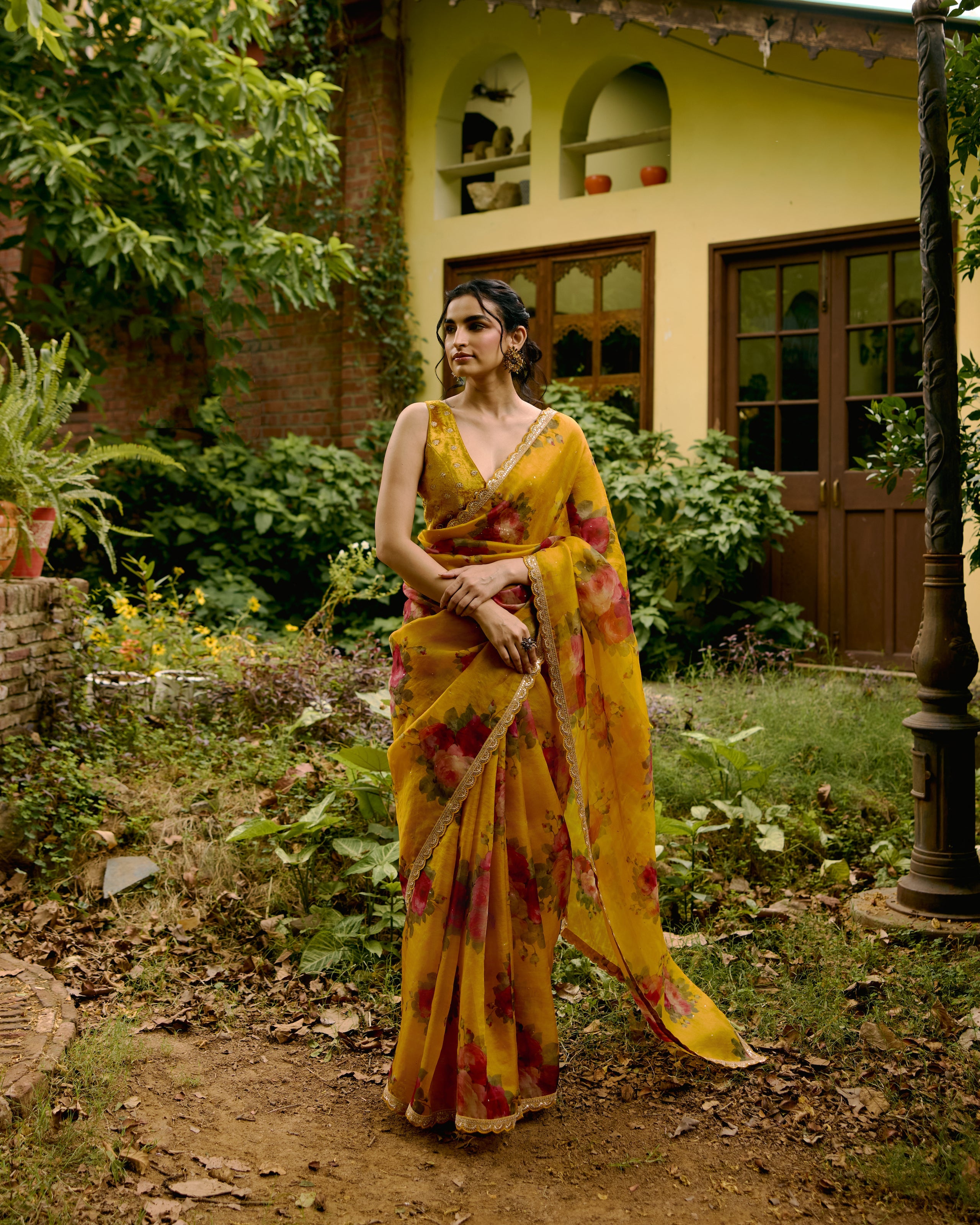Mustard Printed Organza Saree with Scallops