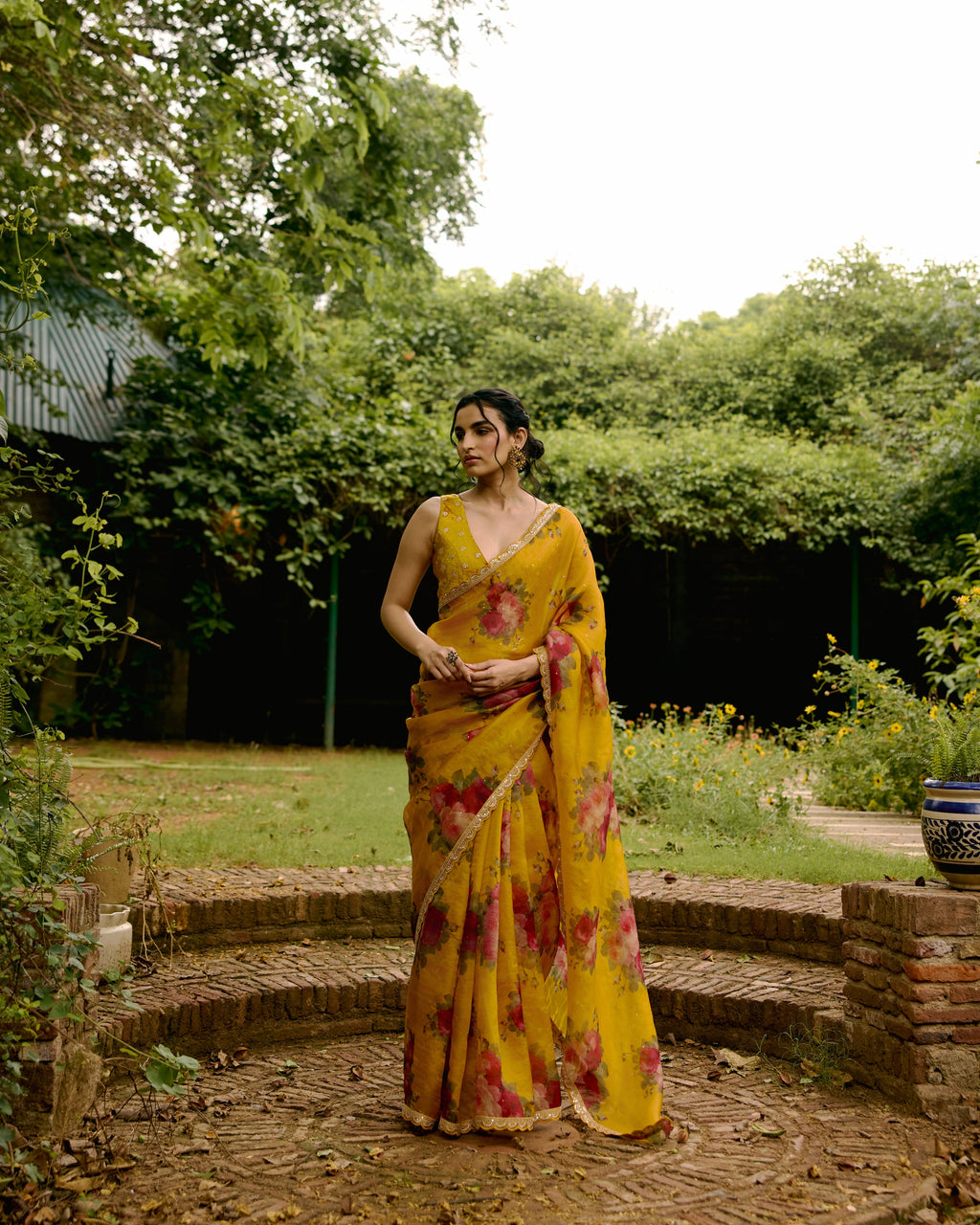 Mustard Printed Organza Saree with Scallops