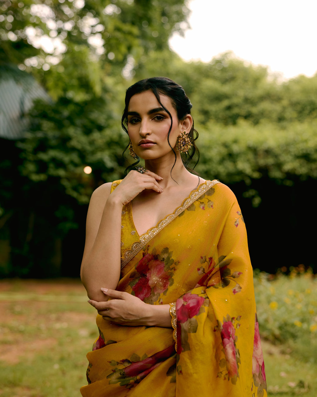 Mustard Printed Organza Saree with Scallops