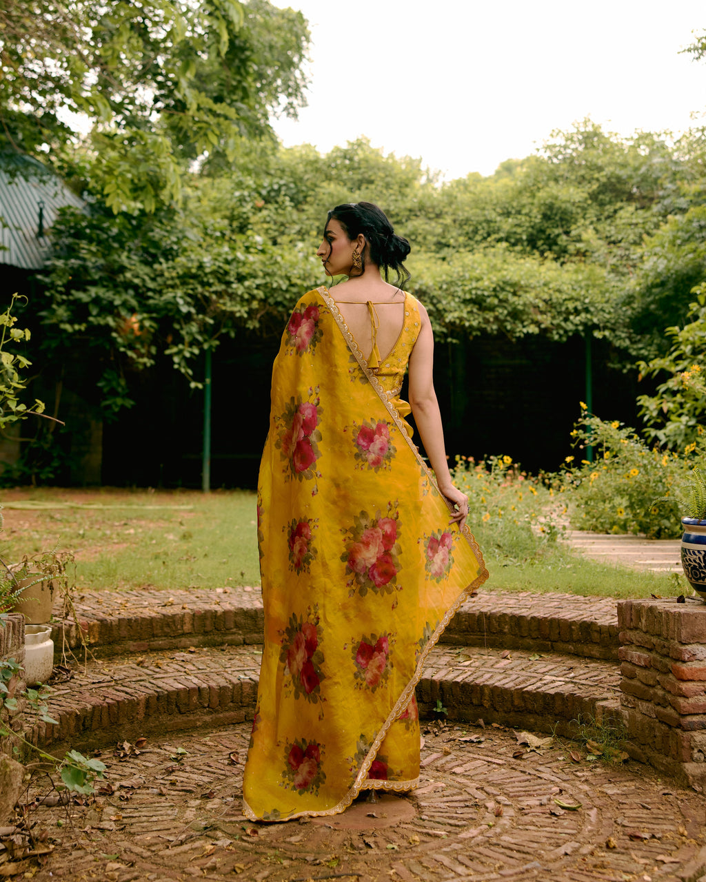 Mustard Printed Organza Saree with Scallops
