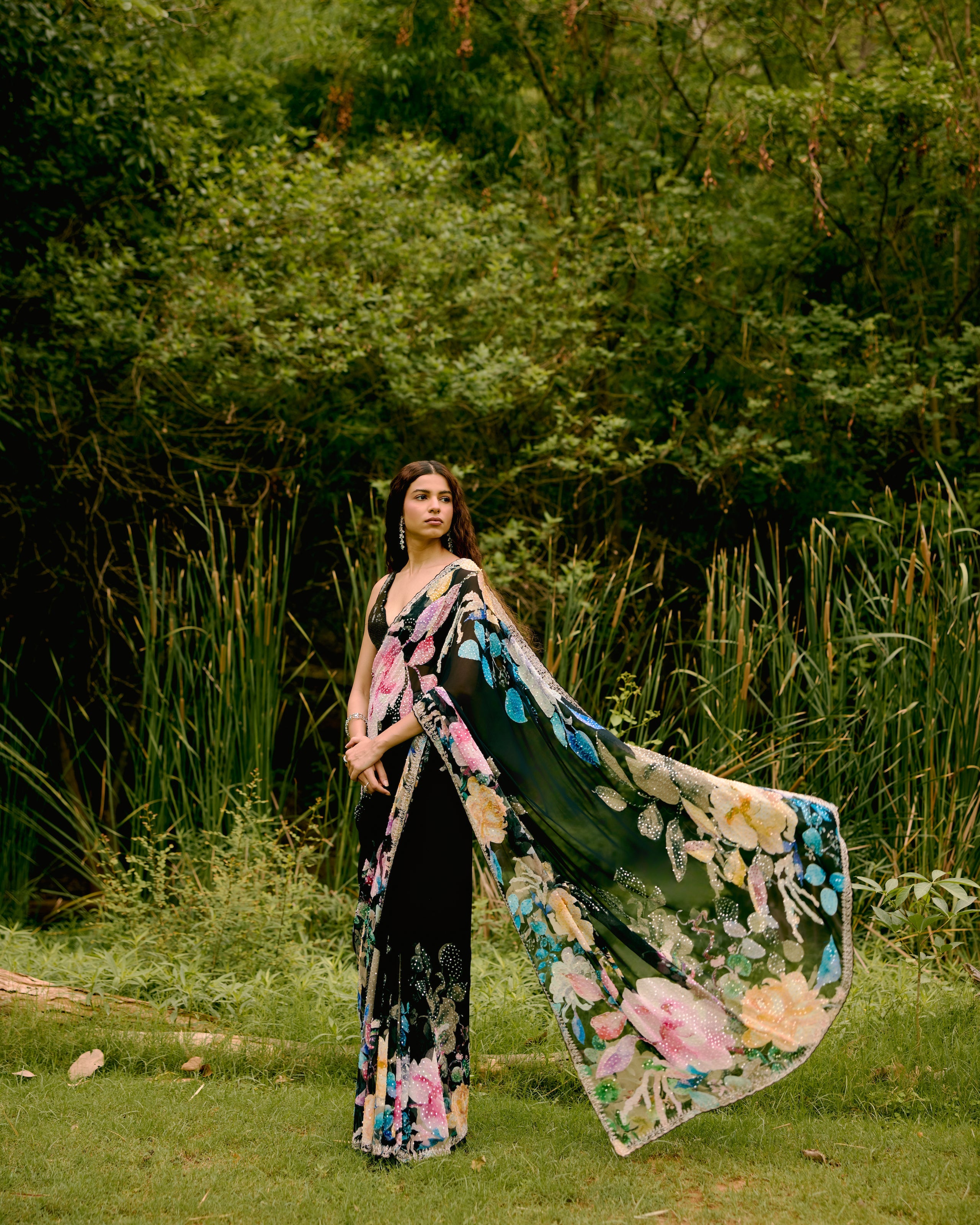 Black Georgette Printed Sequins Saree