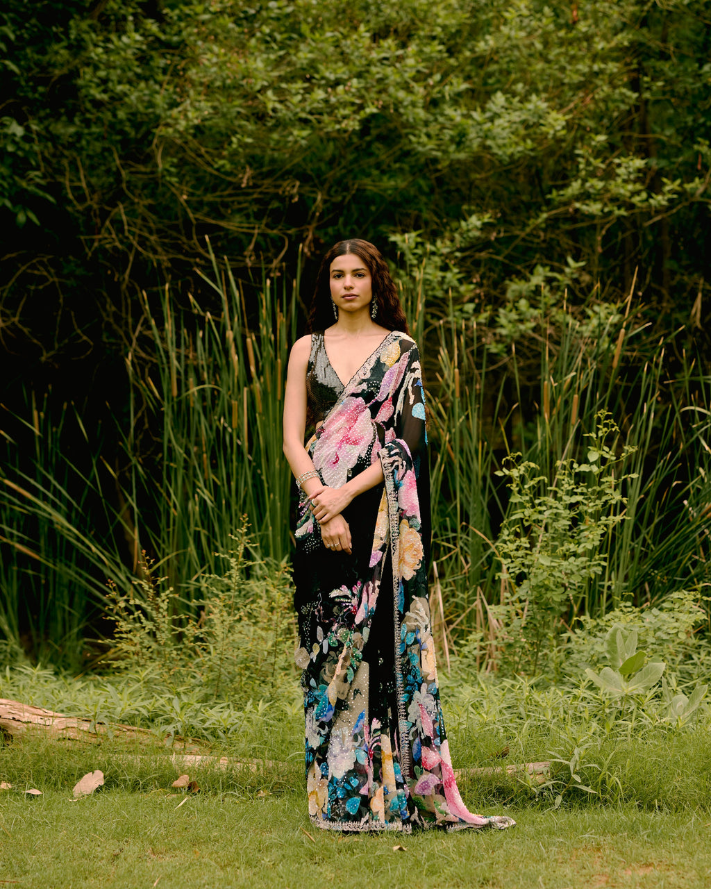 Black Georgette Printed Sequins Saree