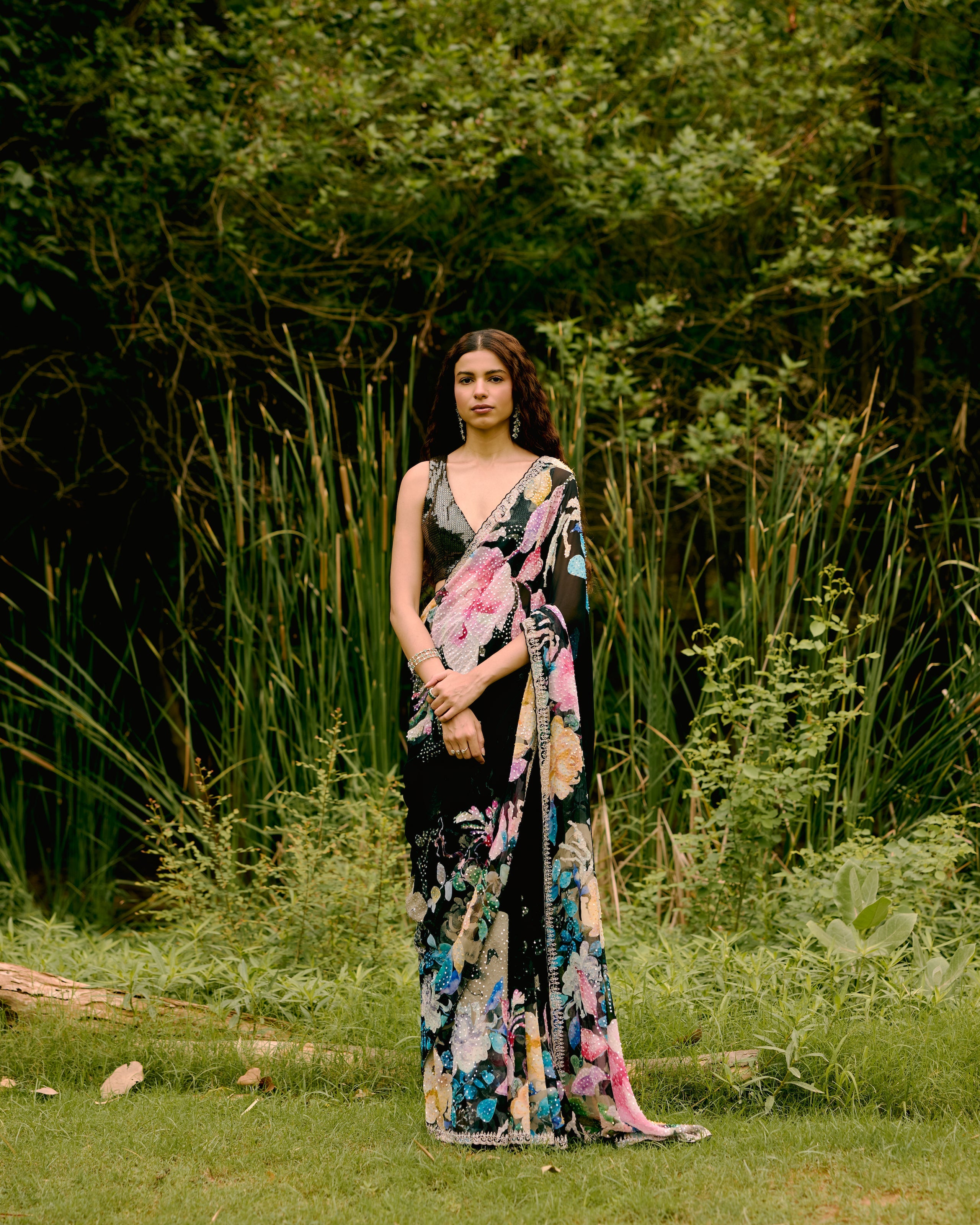 Black Georgette Printed Sequins Saree