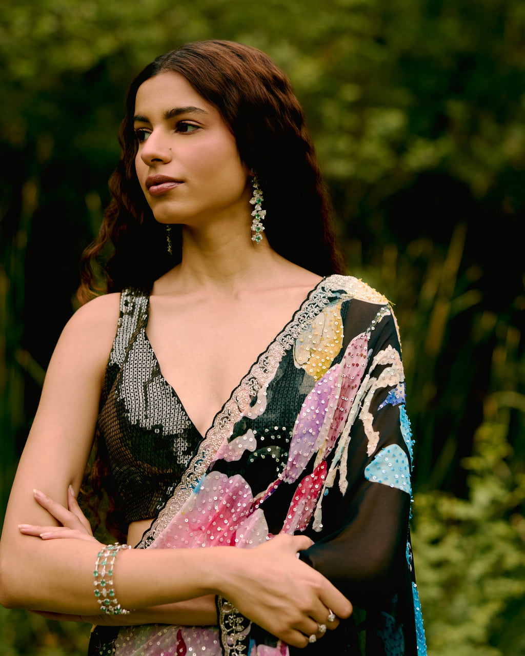 Black Georgette Printed Sequins Saree