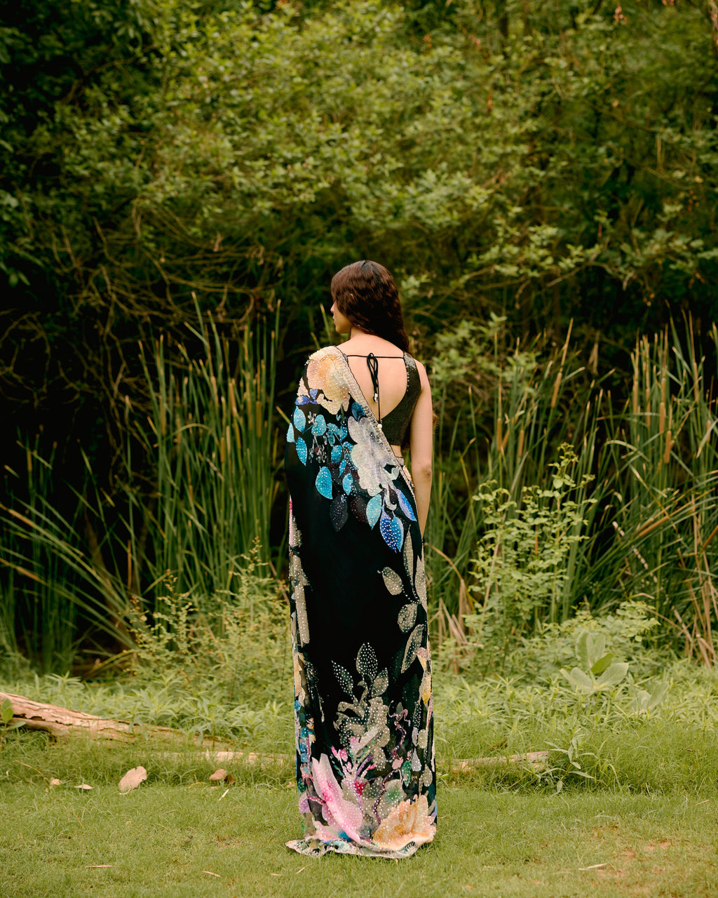 Black Georgette Printed Sequins Saree