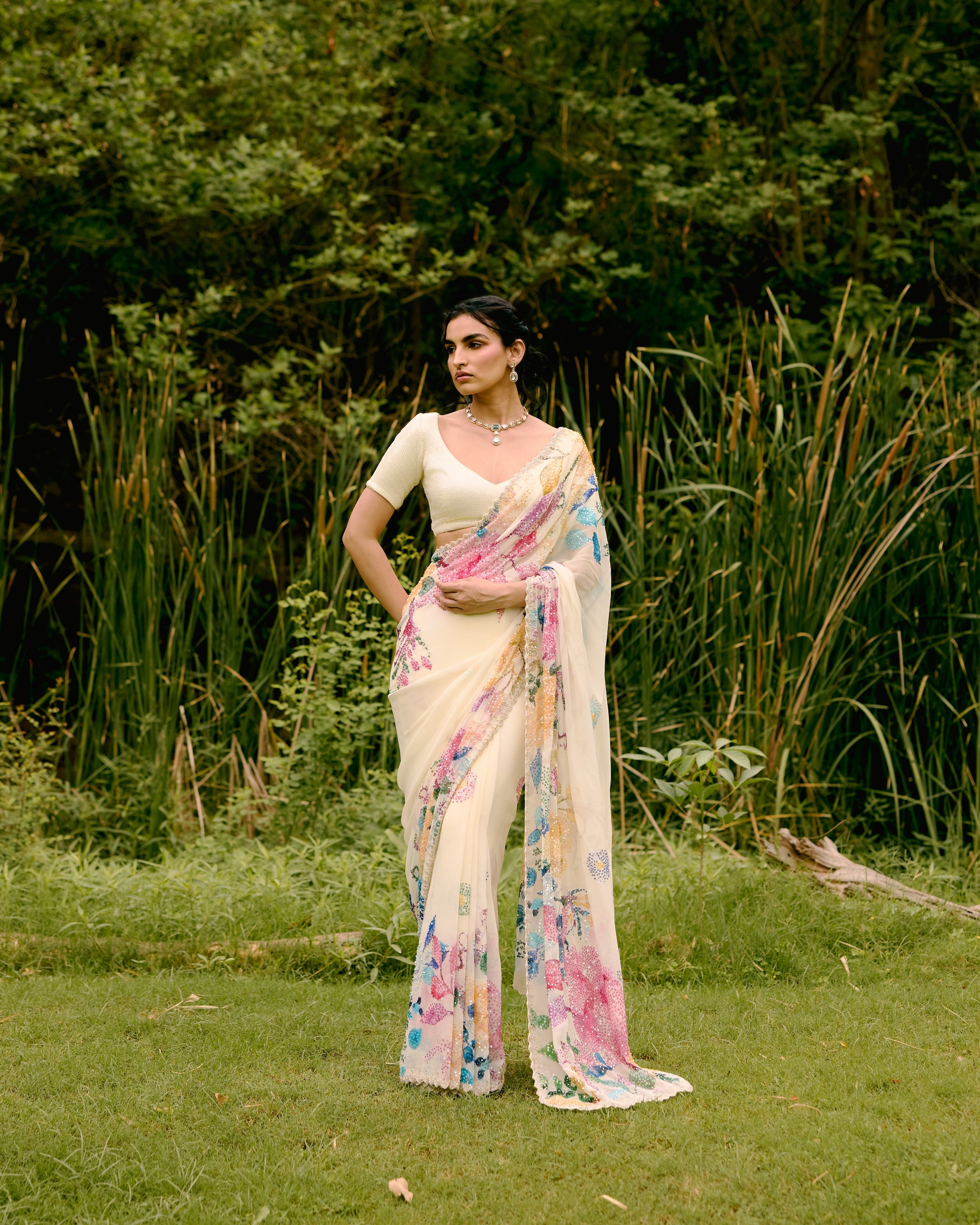 Creme Georgette Printed Sequin Saree