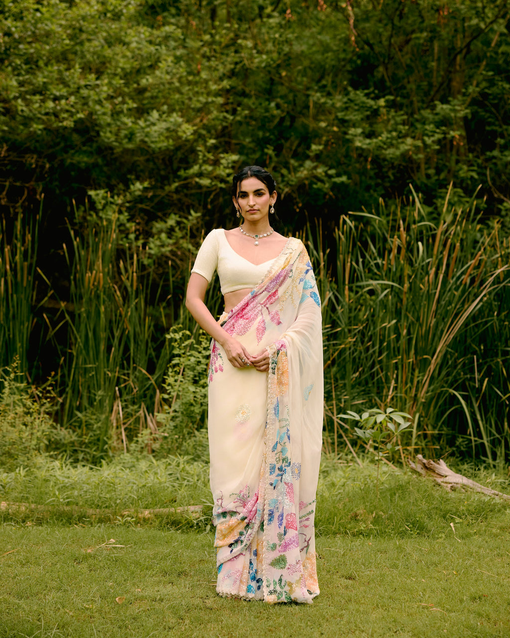 Creme Georgette Printed Sequin Saree