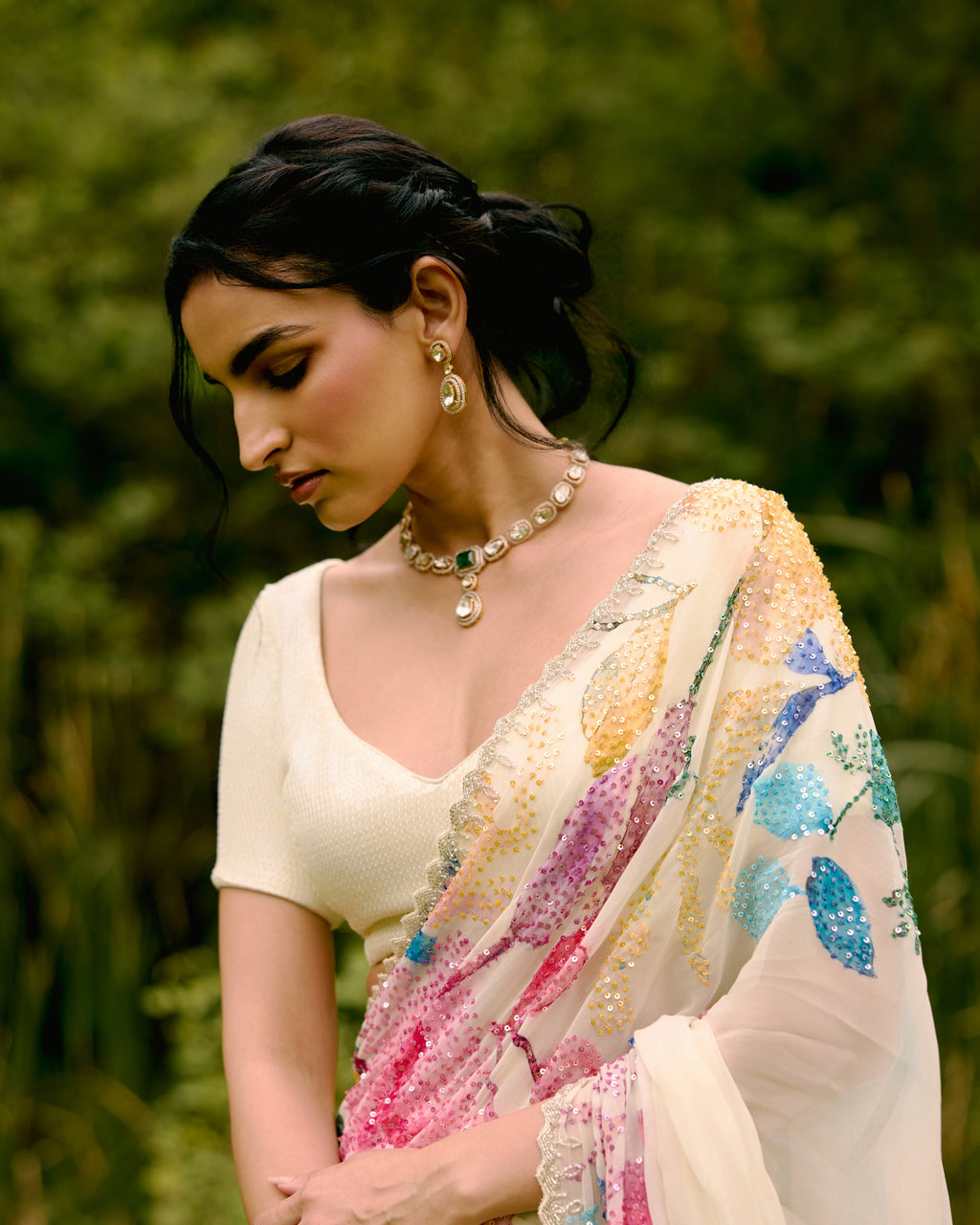 Creme Georgette Printed Sequin Saree