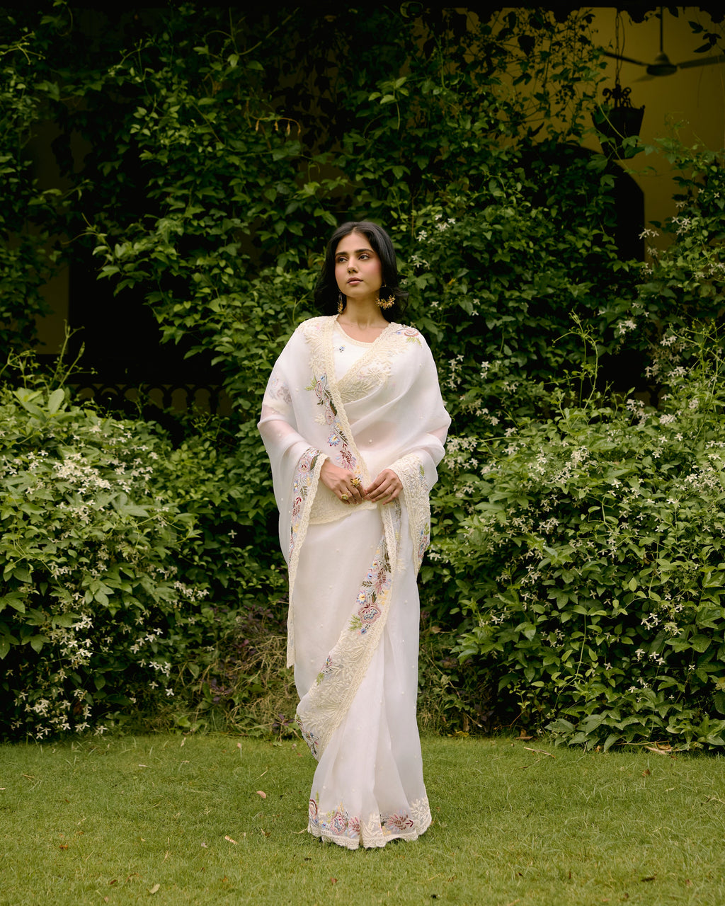 Ivory Organza Pearl and Threadwork Saree