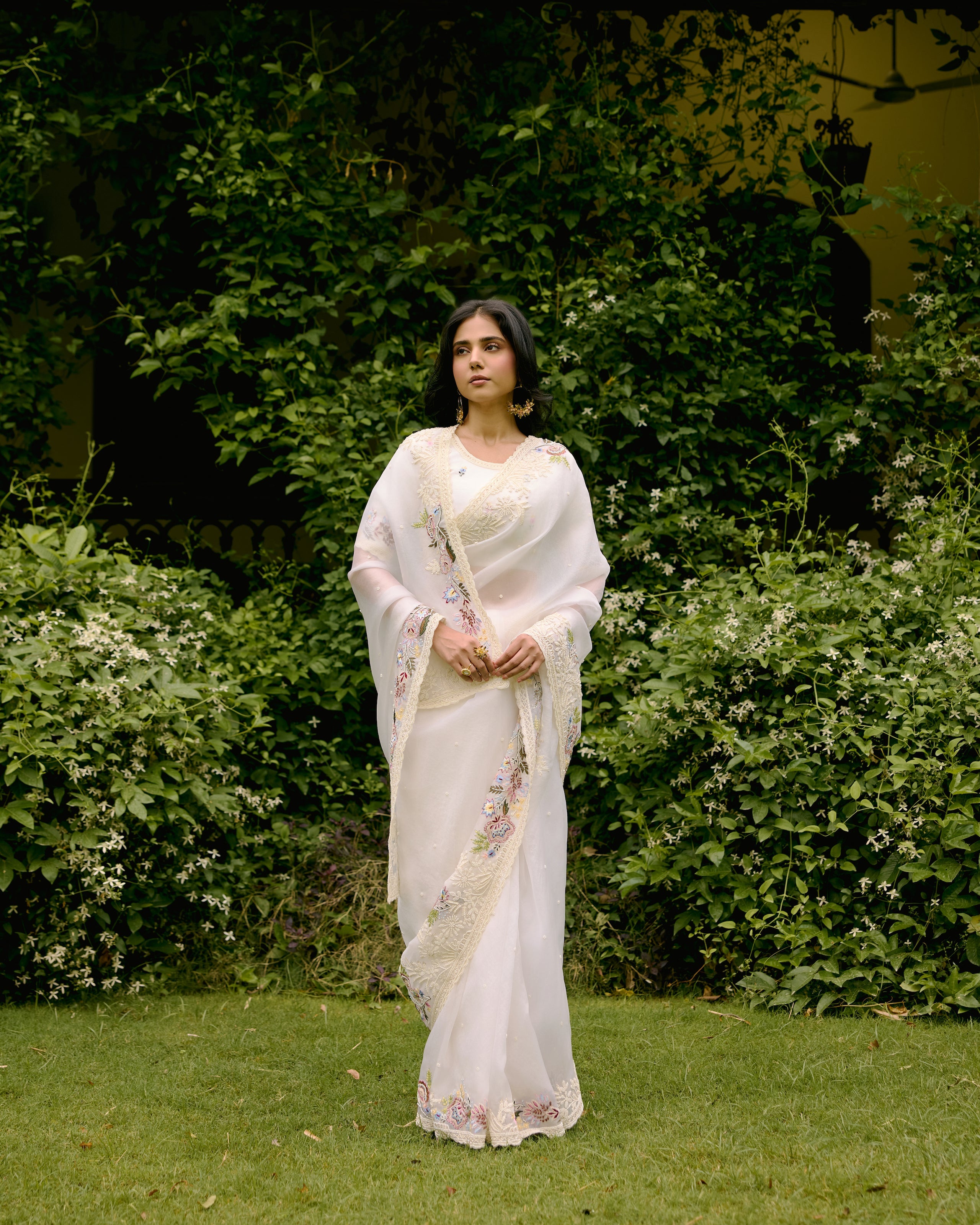 Ivory Organza Pearl and Threadwork Saree