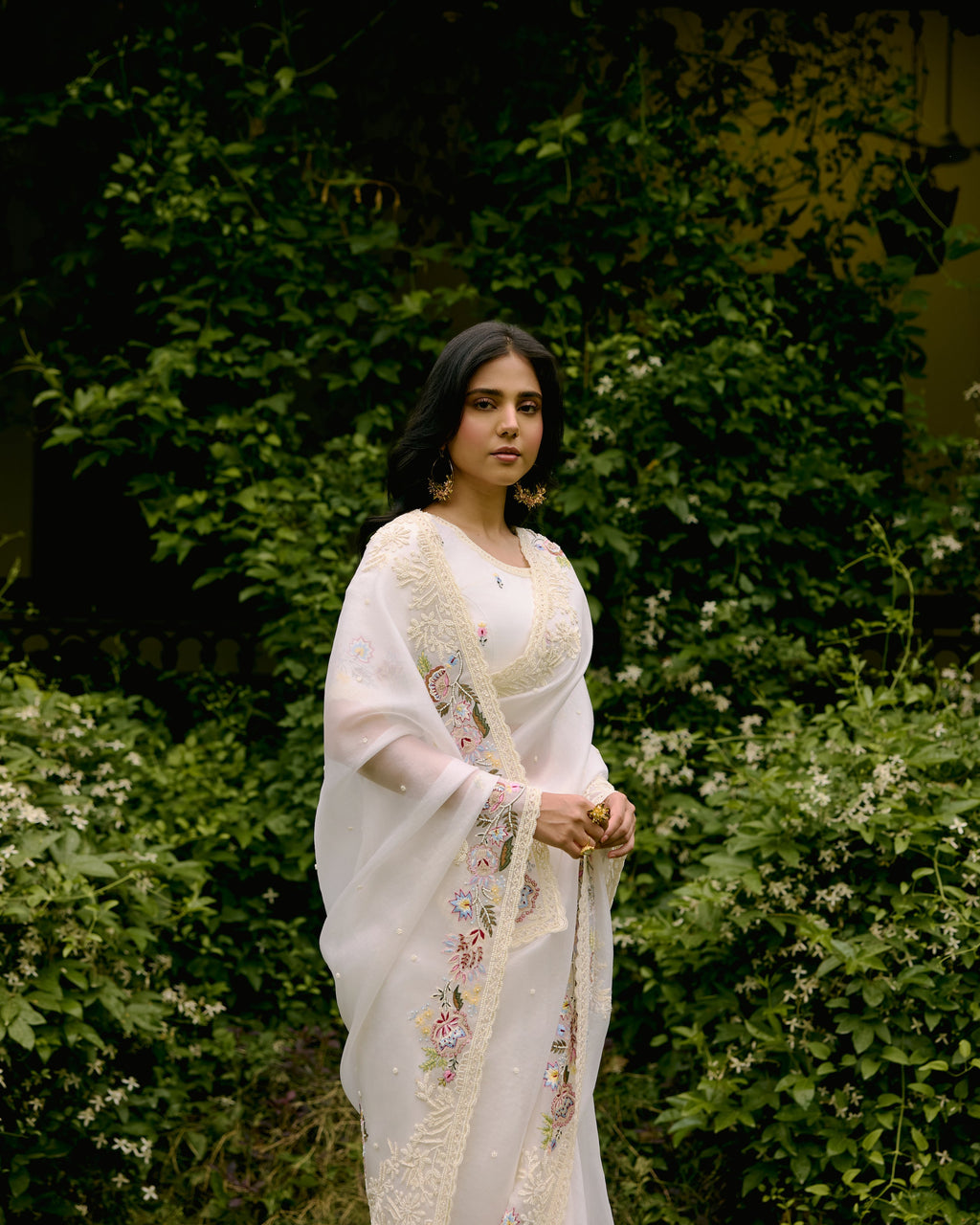 Ivory Organza Pearl and Threadwork Saree